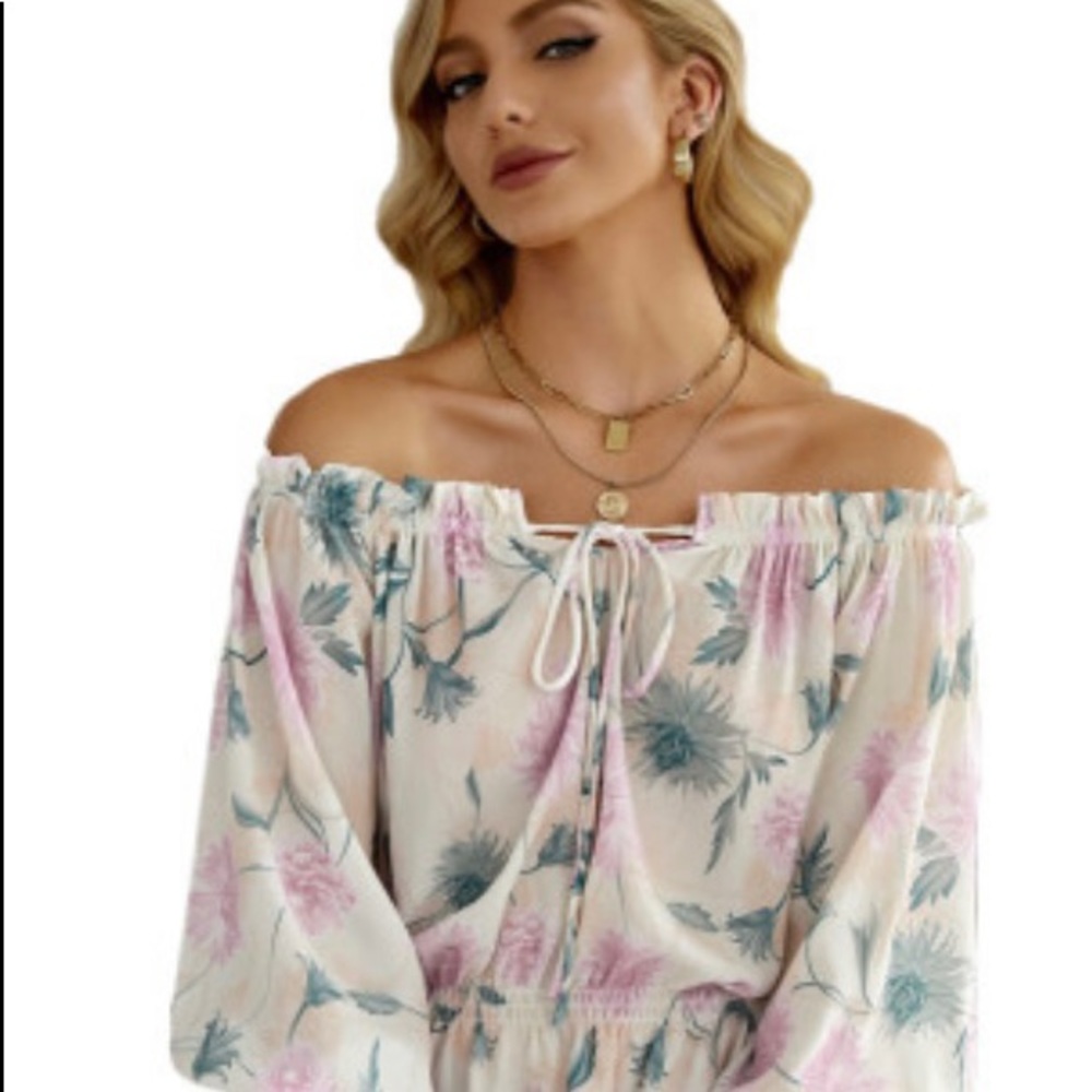 Last One! Purple Print Off the Shoulder Blouse